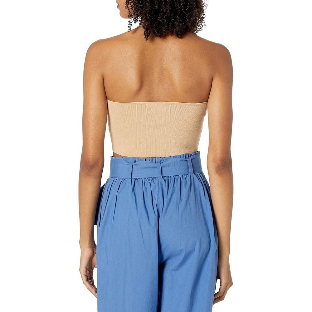 Luxe Ribbed Halter Crop Top XS Beige Viscose Blend NWT Fitted Square Neck - Picture 3 of 5